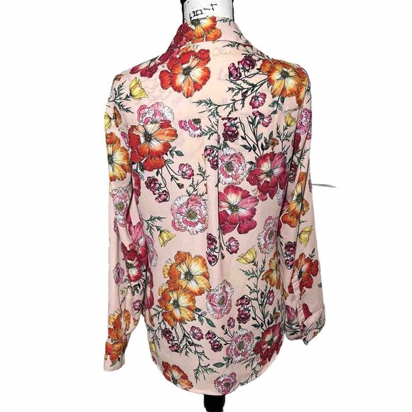 Express Floral Portofino Blouse MEDIUM Slim Fit Long Sleeve V Neck Red Pink Top - Picture 5 of 8